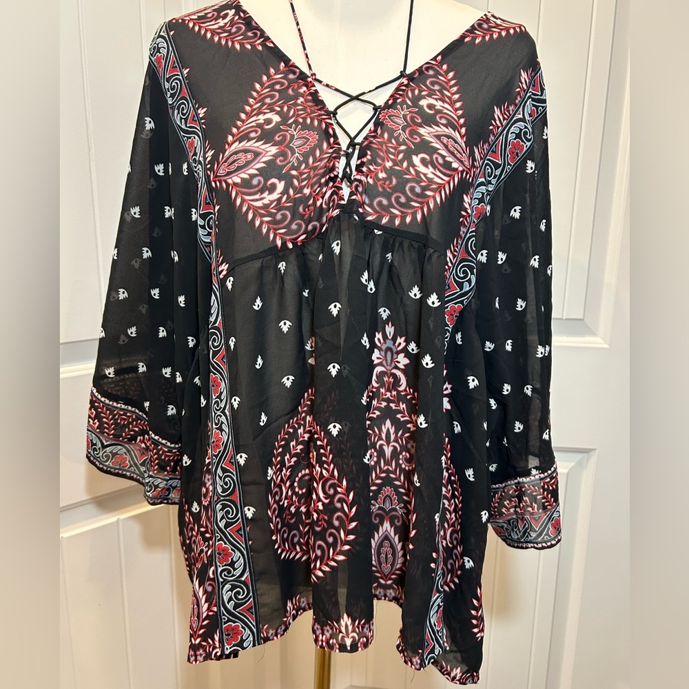 Fever Boho Top Wide Width Sleeves Colorful Simple Pattern V-Neck Ties Size XL - Picture 2 of 12